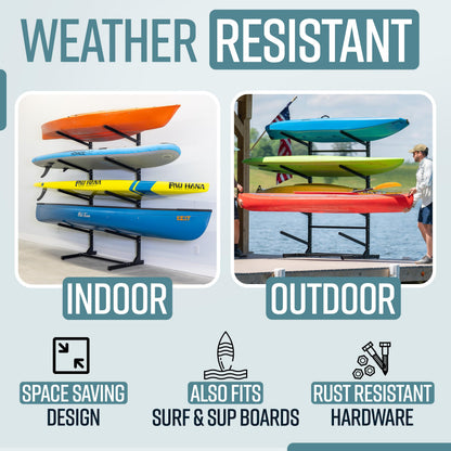 G-Watersport Pro Freestanding Kayak Storage Rack – 4 Kayak Rack & Canoe Rack – Marine Grade Outdoor Kayak – Adjustable Surfboard & Stand Up Paddle Board Holder – Adjustable Storage Stand