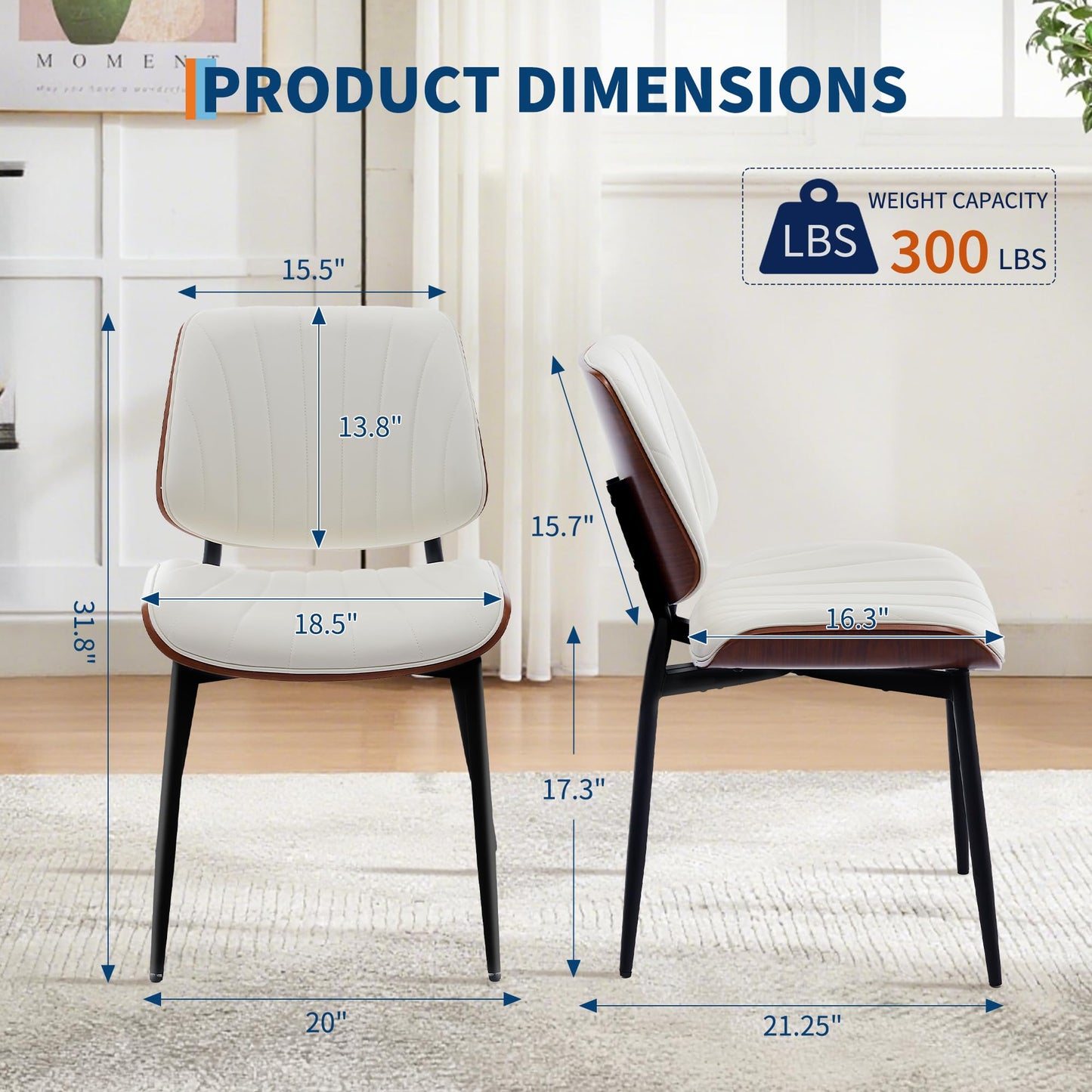 GarveeHome Dining Chairs Set of 6, Mid-Century Modern PU Leather Upholstered Accent Chairs with Shell Strips, Dining Room and Kitchen Chairs with Walnut Wood and Metal Legs, White
