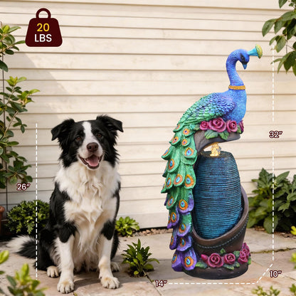 Tankana Outdoor Water Fountain 32" H Cascading Peacock Waterfall Fountain with LED Lights & Pump Tiered Water Feature for Garden, Patio, Backyard, Deck, and Porch Decor