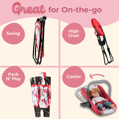 18-Inch Baby Doll Nursery Playset by Litti - Doll Accessories Set with Swing, Crib, High Chair, and Carrier - Realistic Toy Furniture for Imaginative Play - Gift for Kids Ages 3 Up