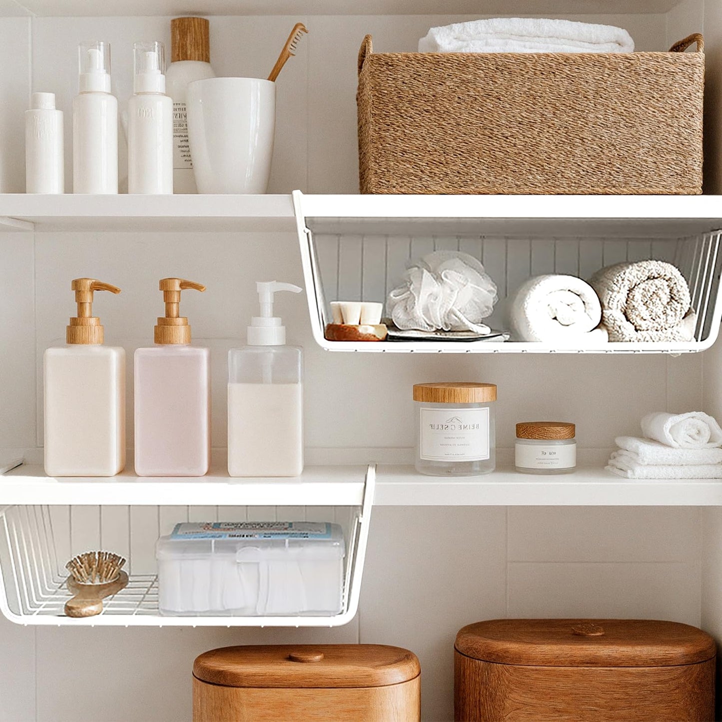 4-Pack White Under Cabinet Storage Baskets – Hanging Shelf Organizers for Kitchen, Pantry, Desk & Bookshelf – No-Tool Installation, Space-Saving Design