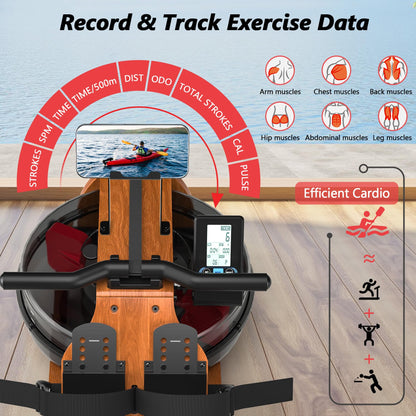Water Rowing Machine for Home Use, WENOKER Wooden Foldable Rower Machine with Dedicated Monitor & Bluetooth APP, Large Water Tank & Comfortable Seat for Immersive Water Rower, 350LBS Weight Capacity