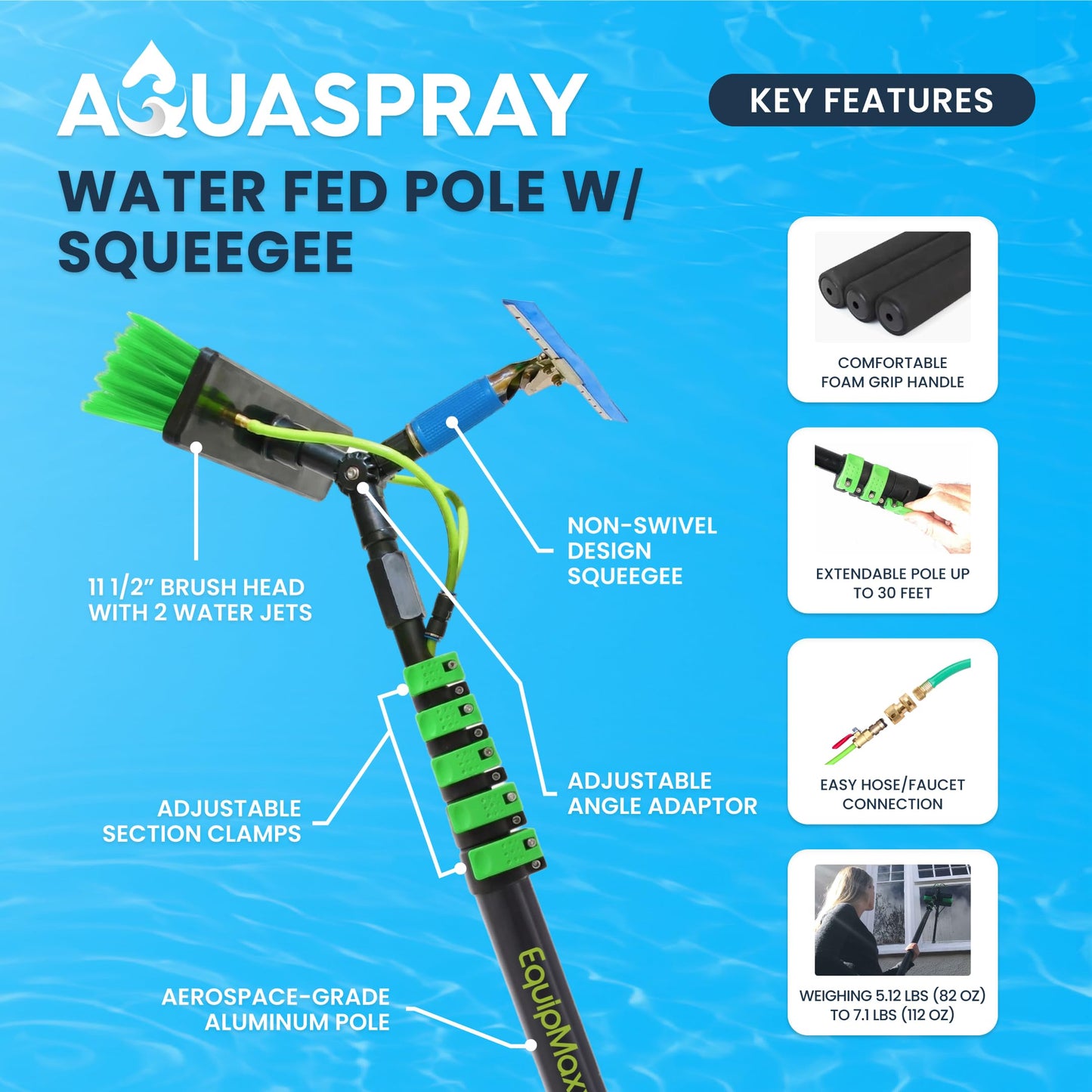 EQUIPMAXX 30 Feet Solar Panel Cleaning Brush & Pole Window Cleaner Window Cleaning Solution (Glass, Solar Panel, etc.) Professional Tool Water Fed Pole Kit Scrubber Brush w/Spray Washer & Squeegee