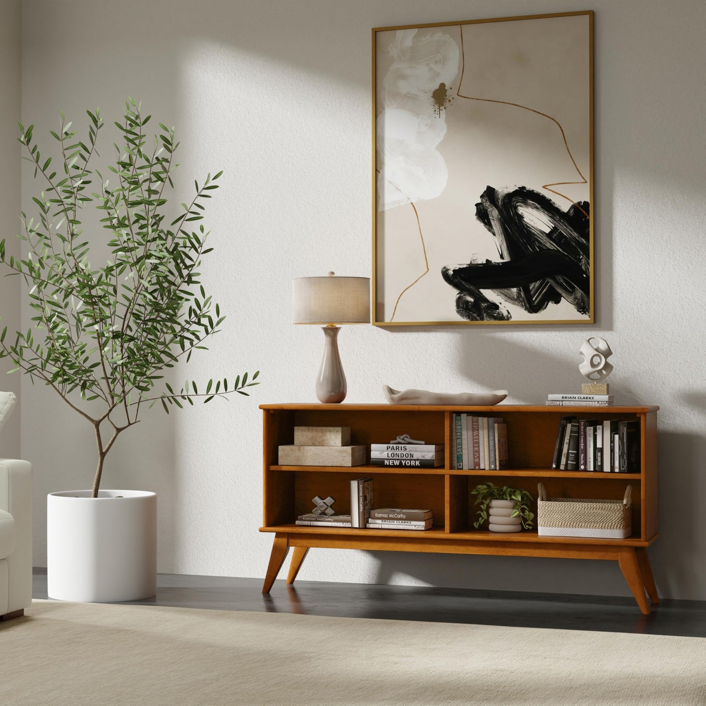 SIMPLIHOME Draper Bookcase - 30 inch Tall Solid Wood Low Bookshelf in Teak Brown, Mid-Century Modern Storage for Living Room, Study Room or Office with Tapered Legs and Wide Open Shelves