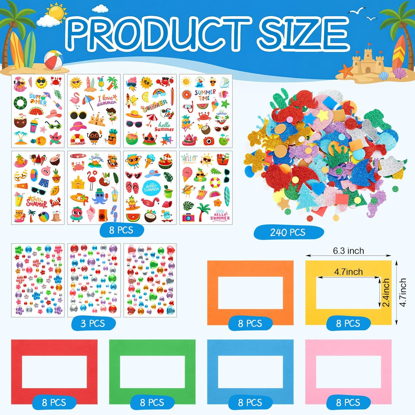 BreezeHug 48 Sets Summer Foam Picture Frame Crafts Kits Beach Pool Decorations DIY Craft Kits with Summer Hawaii Stickers for Party Holiday Exchange Gifts Art Project Supplies