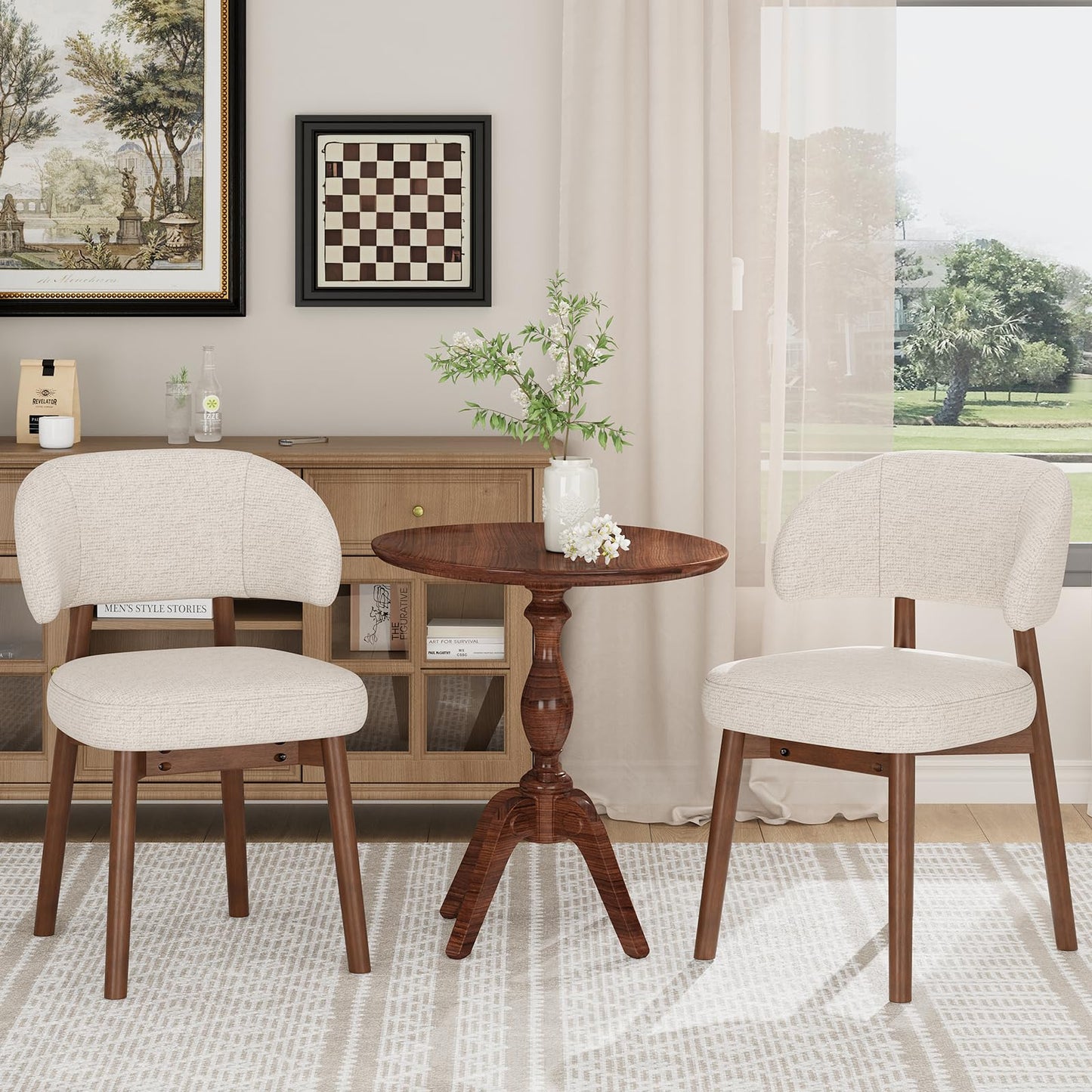 MALOL Wooden Dining Chairs Set of 4, Modern Upholstered Dining Room Chair, Fabric Kitchen Side Chairs with Curved Open Back for Living Room/Restaurant/Cafe, Beige