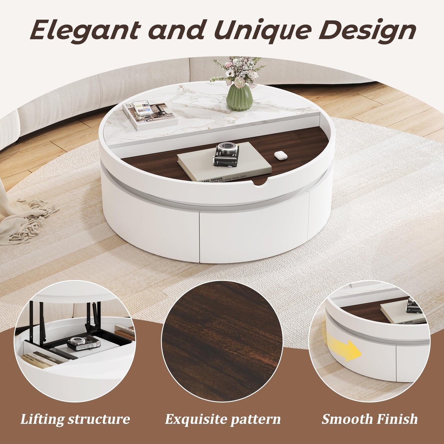 Merax 29.5" Lift-Top Round Coffee Table, with Hidden Storage & 1 Drawer, Marble and Wood Grain Dual-Tone Tabletop, Compact for Living Room Apartment, White