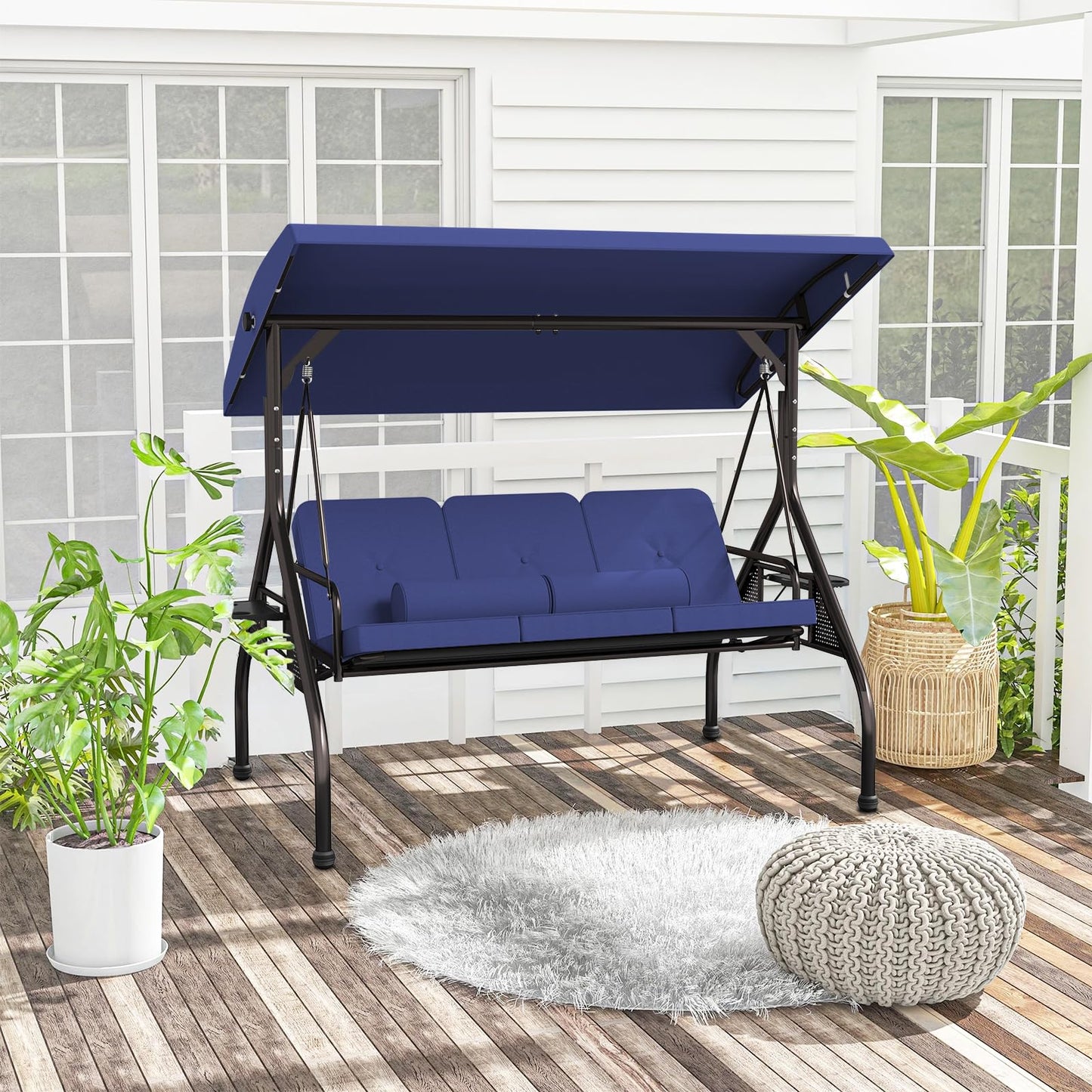 Patiomore 3 Seat Outdoor Porch Swing Bench, Adjustable Canopy Swing Chair, Convertible Backrest Swing Bed with Pillow & Cup Hold and Thicken Cushions, Dark Blue