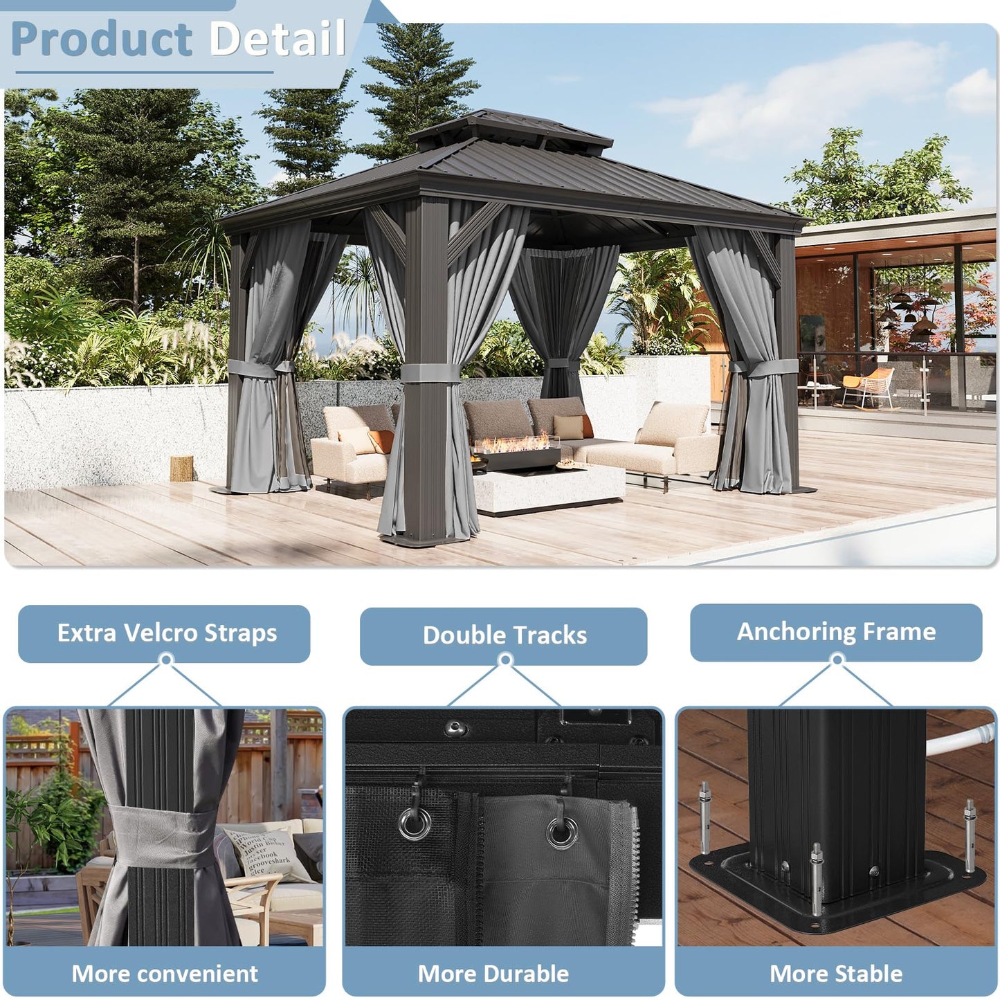Aoxun 10' x 12' Permanent Hardtop Gazebo with Galvanized Steel Double Roof and Aluminum Frames Outdoor Large Pavilion Gazebo for Patio Deck Garden, Nettings and Curtains Included, Gray