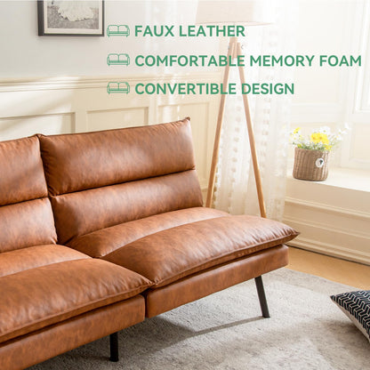 Vyfipt Futon Sofa Bed/Couch,3” Memory Foam Small Splitback Sofa,Faux Leather Modern Loveseat for Living Room,Apartment,Studio,Guest Room,Home Office,71" L (Brown)