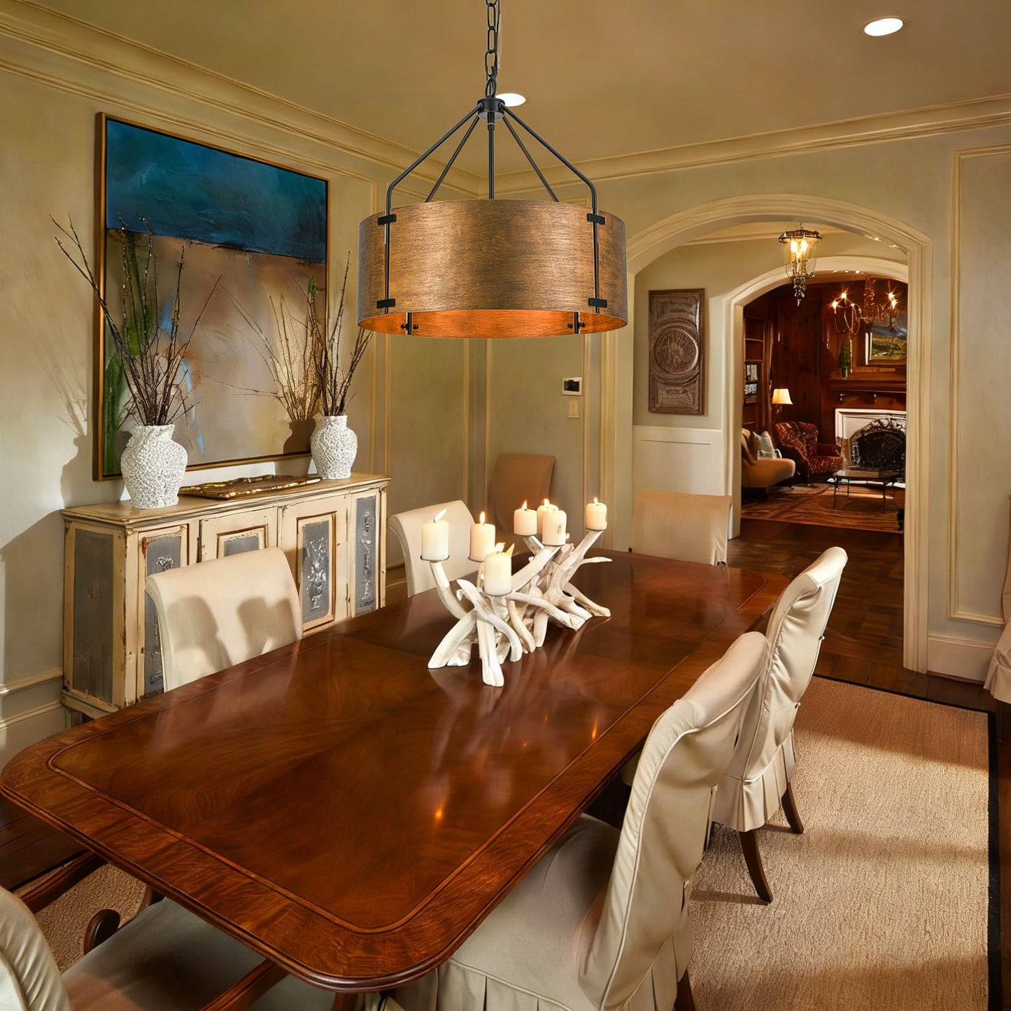 Kunlinzhu Drum Chandeliers for Dining Room,22 in Copper Bronze Metal Dining Room Light Fixture Over Table, Industrial Modern Farmhouse Pendant Light for Kitchen,Entryway,Living Room