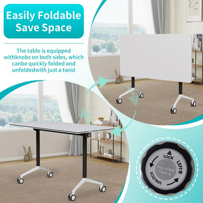 ZanyCajole Conference Room Table, Folding Conference Table with Silent Wheels, Modular Flip Top Mobile Training Tables for Office, Training Room, Meeting Rooms, School, 2-16 Person (8, White, 55.1in)