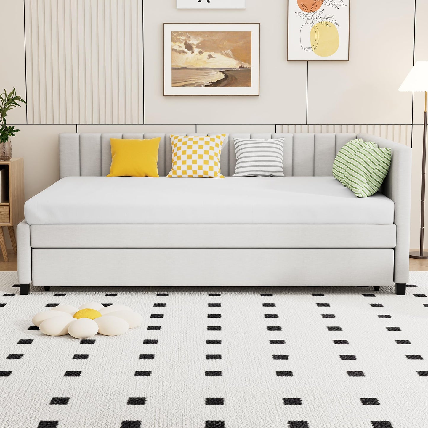 PVWIIK Full Size Upholstered DayBed with Trundle & Modern Style for Adult,Kids,Bedroom,L-Shaped Bedframe,Beige