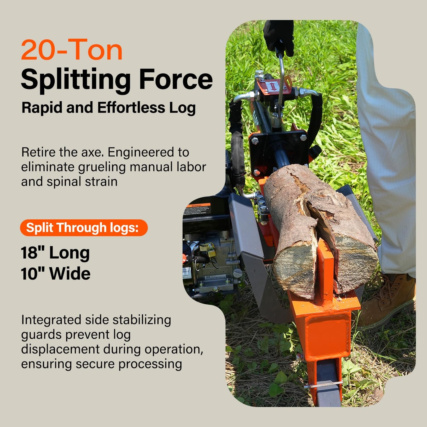 WOODKINGO Log Splitter, 20 Ton, Gas Powered 7 HP 212CC Engine, Automatic Wood Splitting Wedge Machine,Commercial Quality for Fireplace Burning Firewood Supply Forestry Harvesting,Orange
