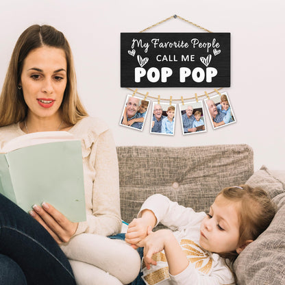 Hiuwevt Pop Pop Picture Frame Photo Hanging Display, Grandpa Gifts for Christmas, Grandfather Gifts from Grandaughters Grandsons, Father Dad Picture Board Photo Holder for Wall Decor