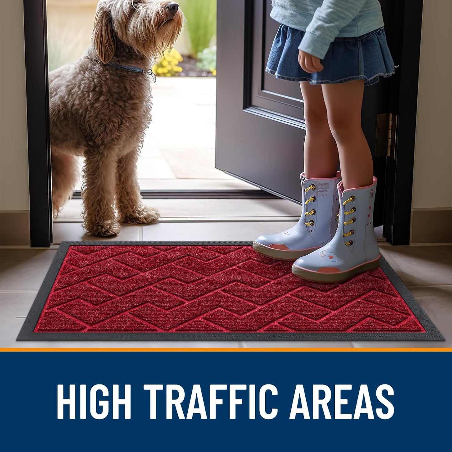 OLANLY Waterproof All-Season Front Door Mat - Sturdy Natural Rubber, Easy Clean Herringbone Design (Wine Red, 47x17)
