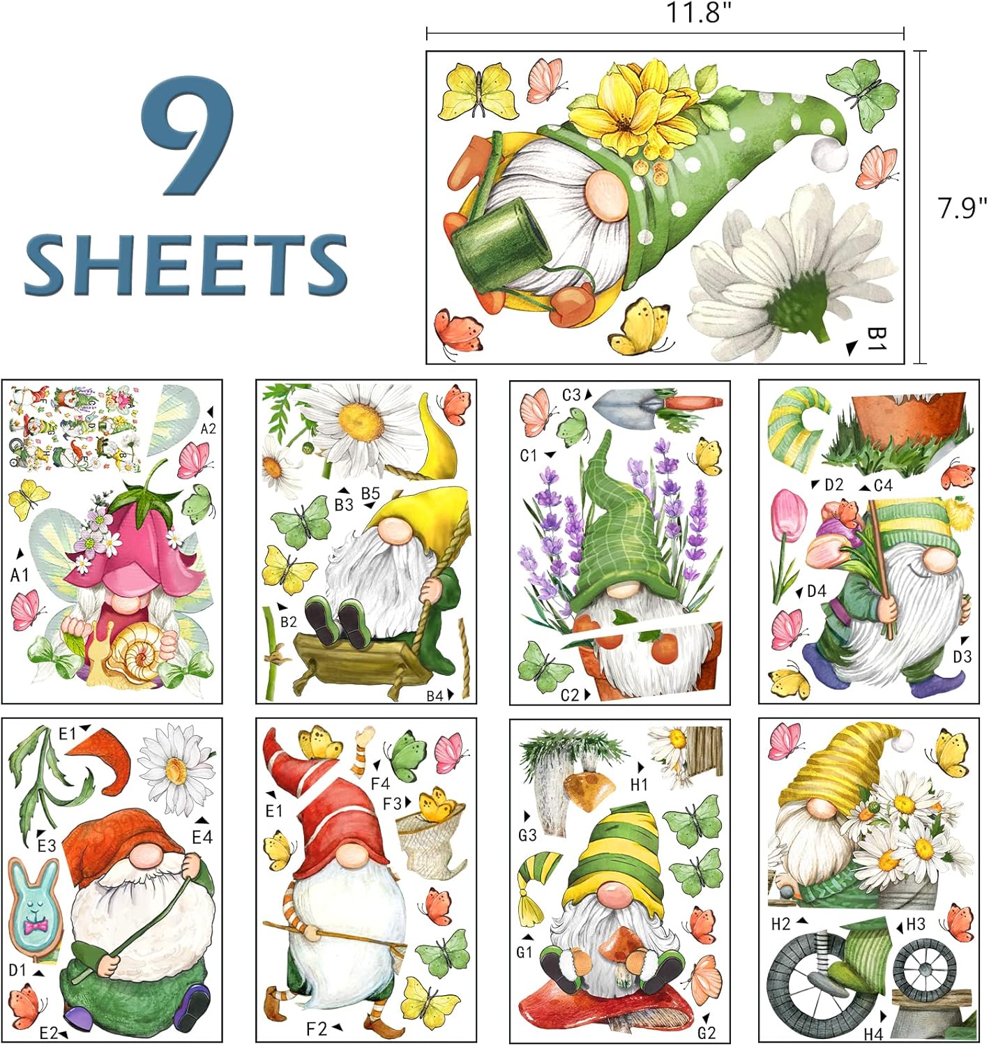 Mfault 9 Sheets Spring Gnomes Flowers Window Clings, Floral Glass Stickers Decals for Home Kitchen Decor