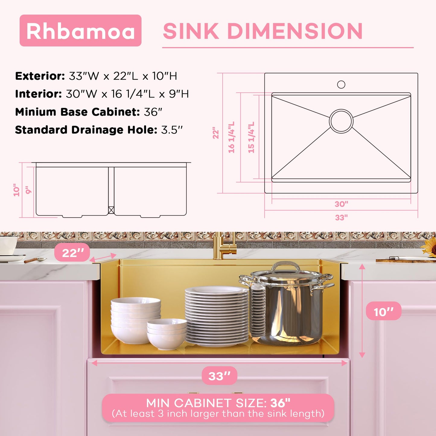 Rhbamoa 33 Inch Gold Farmhouse Sink,16 Gauge T304 Gold Single Bowl Apron Front Kitchen Farm Sink,10 Inch Depth Topmount Farmhouse Kitchen Sinks with All Golden Accessories