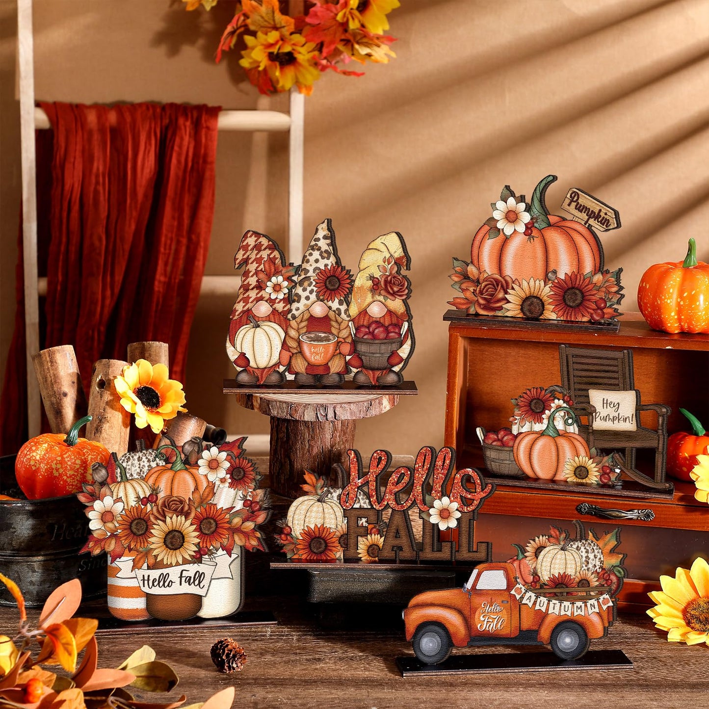 Yuntau 6 Pcs Thanksgiving Wooden Table Decorations Autumn Wood Tabletop Sign Centerpiece Rustic Decorations for Office Desk Farmhouse Home Kitchen Tiered Tray Decor Shelves Table Decorative
