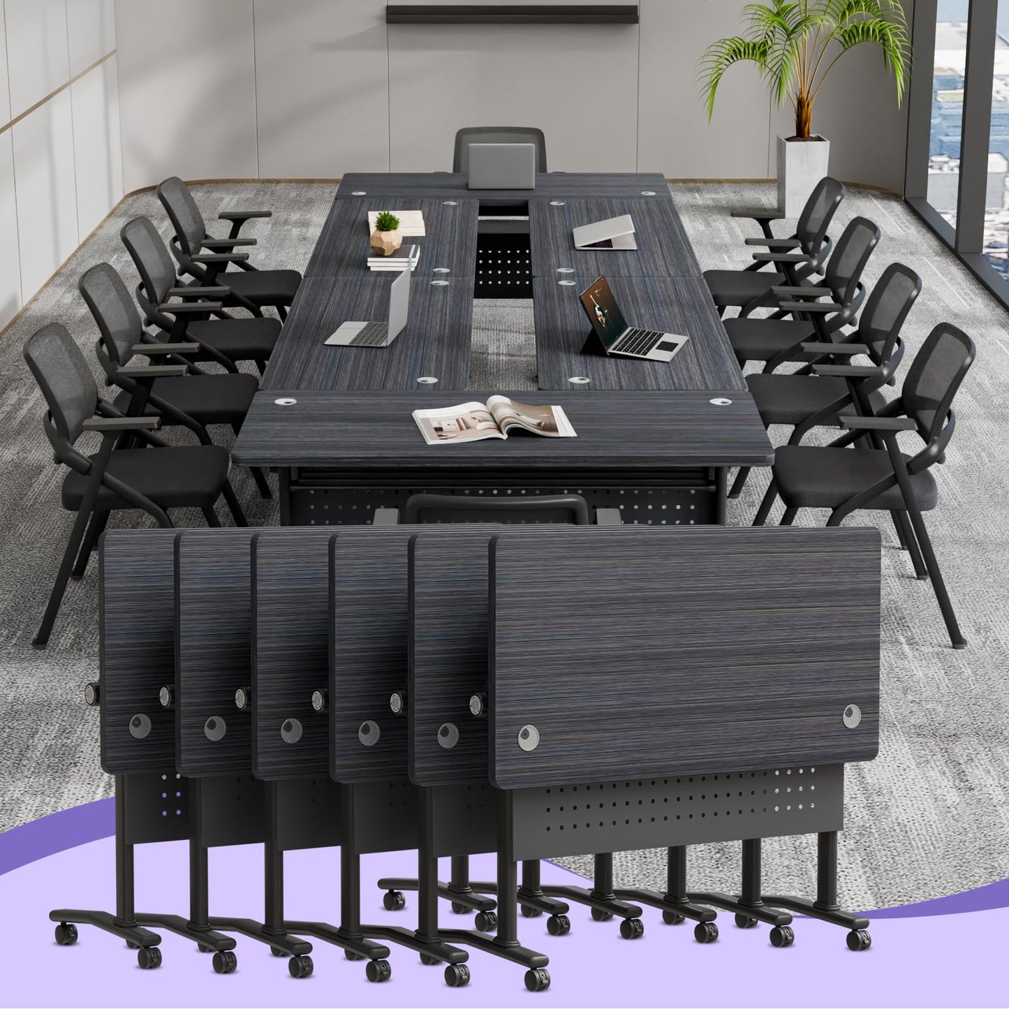 JNMDLAKO Folding Conference Room Table for 6-12 Person, Modular Mobile Large Flip-Top Training Table with Locking Wheels, Modern Rectangular Seminar Meeting Tables for Office (6, Black, 47.2in)