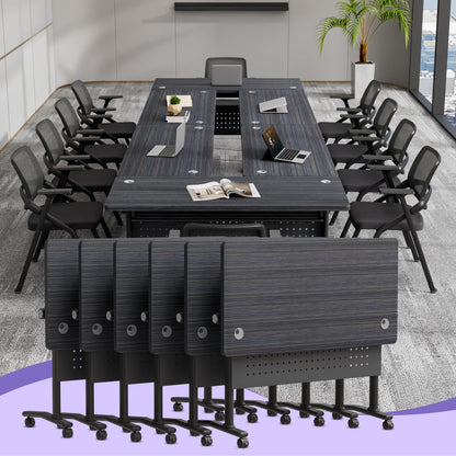 JNMDLAKO Folding Conference Room Table for 6-12 Person, Modular Mobile Large Flip-Top Training Table with Locking Wheels, Modern Rectangular Seminar Meeting Tables for Office (6, Black, 61in)
