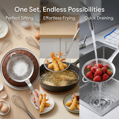 Suwimut 3 Pieces Spider Strainer Skimmer Spoon Set, Fine Mesh Stainless Steel Sieve Food Strainers, Large Hole Slotted Colander Frying Spoons, Strainer Ladle Wire Skimmer Spoon with Handle for Kitchen