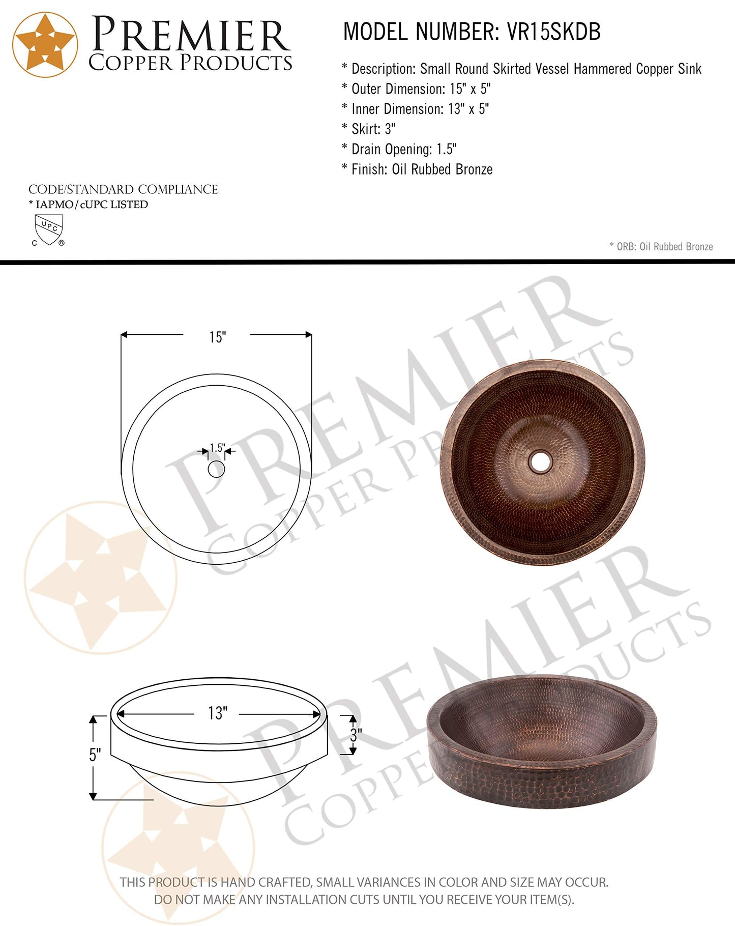 Premier Copper Products VR15SKDB 15-Inch Round Skirted Vessel Hammered Copper Sink