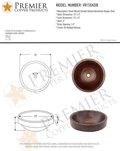Premier Copper Products VR15SKDB 15-Inch Round Skirted Vessel Hammered Copper Sink