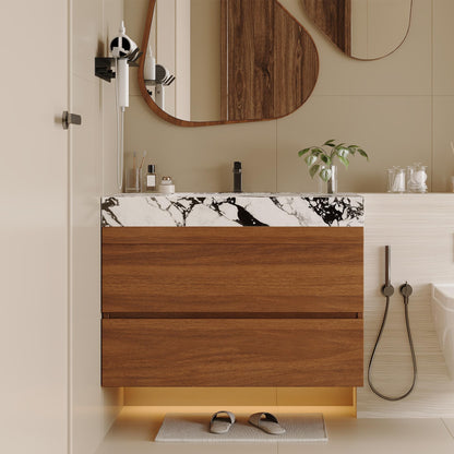 KEIKI 29.9" Bathroom Vanity with Undermount Sink Combo, Modern Floating Vanity Cabinet with 2 Drawers & Open Side Shelves, Storage Wall Mounted Cabinet for Small Space, Walnut Marbe