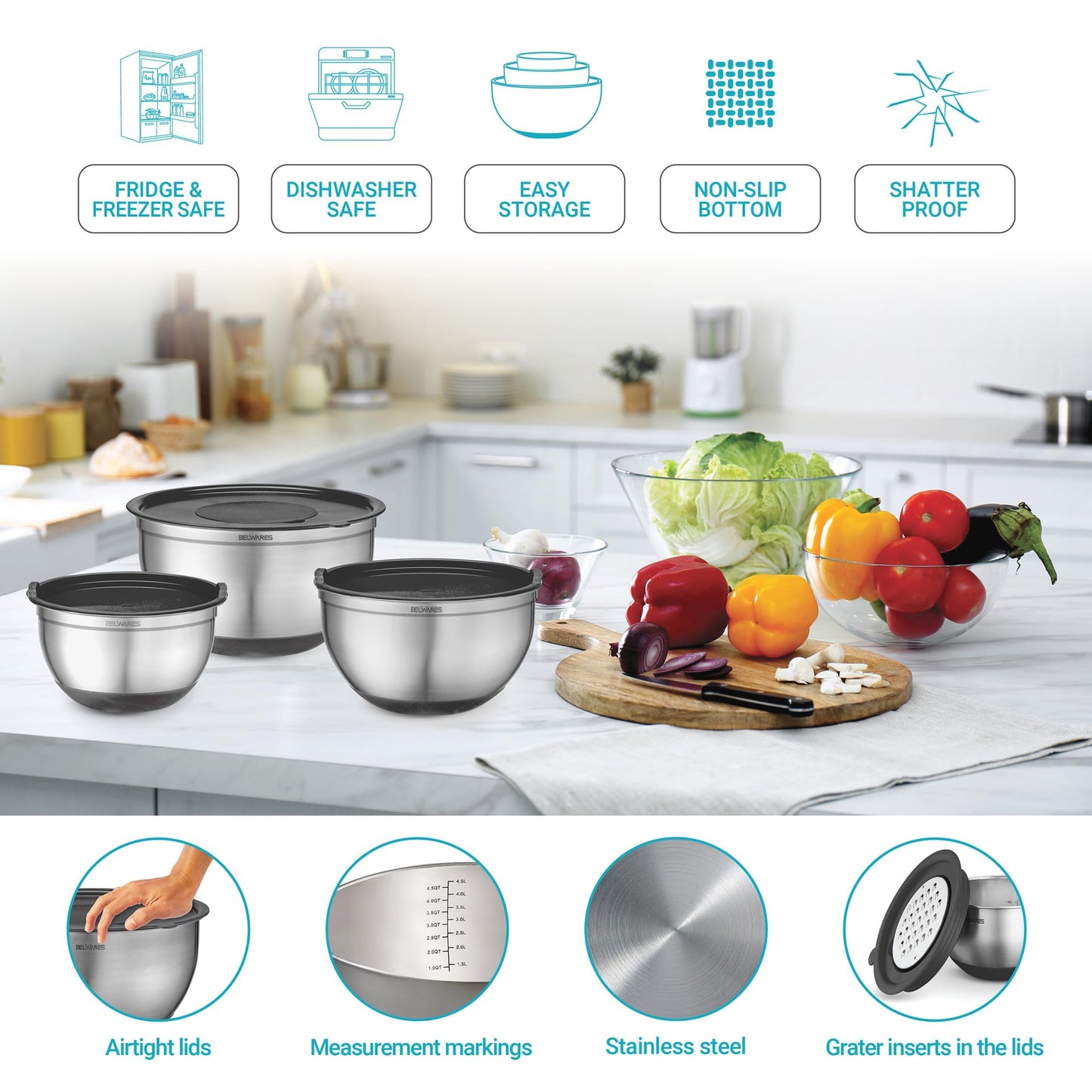 Belwares Mixing Bowls with Lids Set of 5 - Stainless Steel Mixing Bowl Set, Kitchen Nesting Metal Bowls with Non Slip Bottoms + 3 Grater Attachments, Airtight Lids, Food Prep + Storage, Matte Black