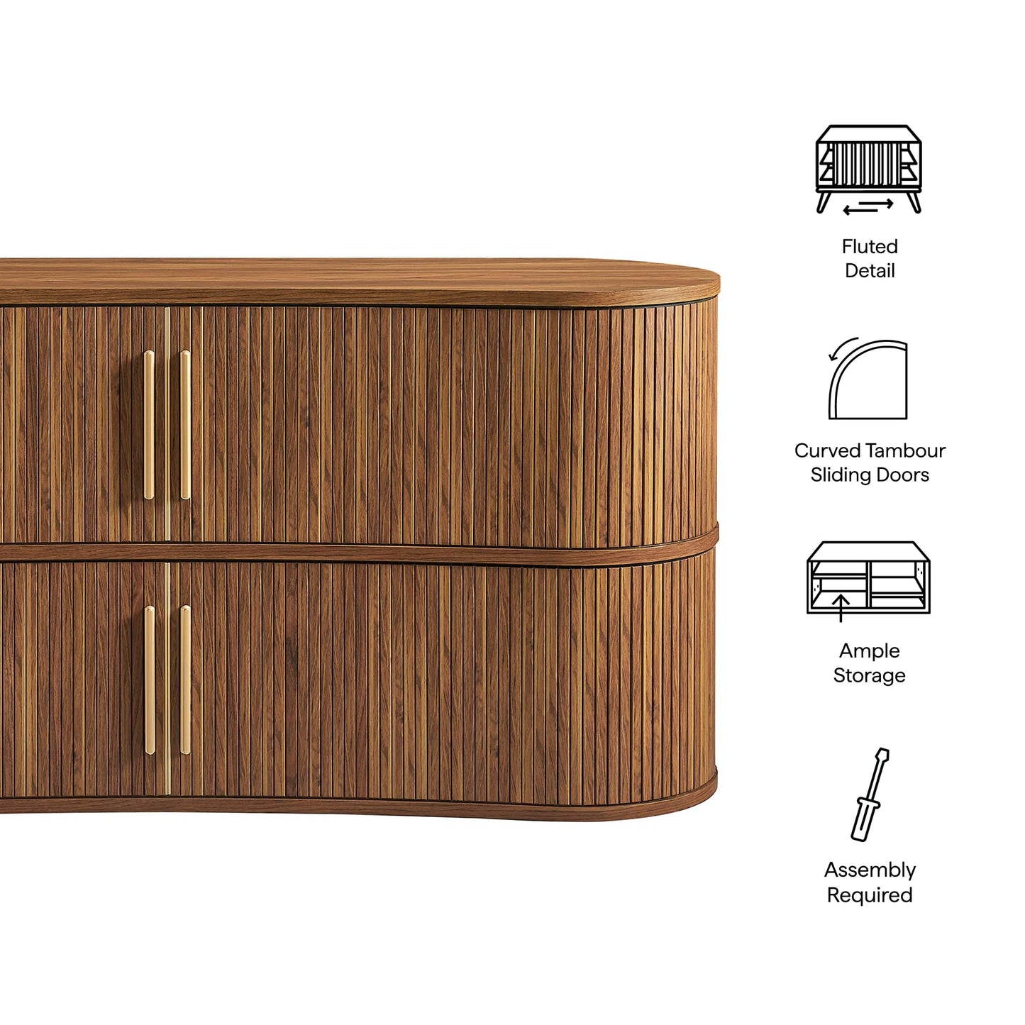 Radcliffe 63" Inch Curved Fluted Sideboard Buffet Cabinet in Walnu