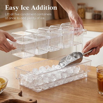 Lifewit Chilled Condiment Containers with Lids, Plastic Taco Bar Serving Set for Party with 5 Containers, Ice Garnish Tray for Mimosa Bar Supplies, Clear Serving Platter for Fruit, Salad, Snack