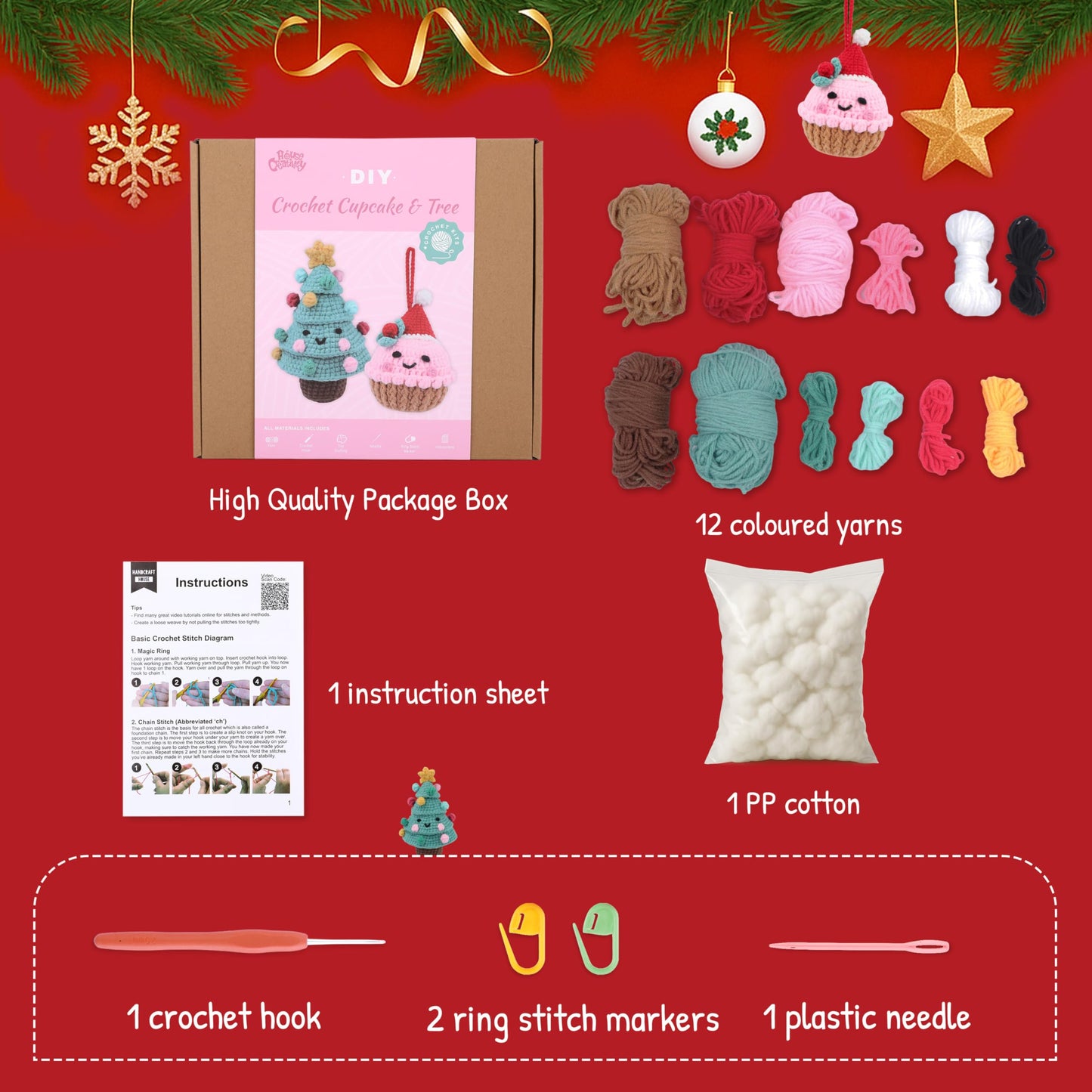 HOUSE CREATIVITY Crochet Kit for Beginners – Make a Christmas Tree & Cupcake, Amigurumi Crochet Starter Kit with Video Tutorial, Yarn & Hook, DIY Holiday Ornament & Cute Desk Decor Gift