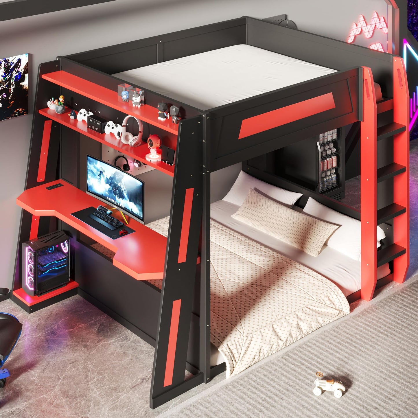 Merax Queen Over Queen Wooden Gaming Bunk Bed with Built-in Desk, LED Lights, USB Port, and 2 Storage Shelves, Solid Wood Gaming Loft Bed for for Bedroom, Black+Red