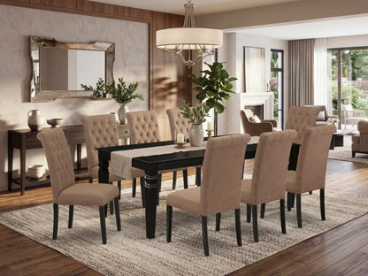 East West Furniture LGBR9-BLK-17 9 Piece Dining Room Table Set Includes a Rectangle Butterfly Leaf Kitchen Table and 8 Light Sable Linen Fabric Upholstered Chairs, 42x84 Inch, Black