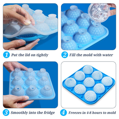 Sidosir 2" Large Golf Ice Cube Ball Silicone Molds with Lid, 9-Cavity 3D Golf Gifts Ball Ice Maker Mold for Whiskey and Cocktails