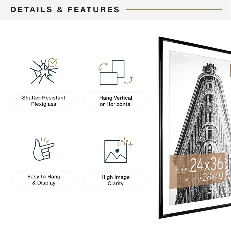 MCS Trendsetter 28x40 Poster Frame, Display Pictures 24x36 With Mat or 28x40 Without Mat, Vertical & Horizontal Wall Hanging Large Picture Frame for Photos & Posters, Black (1-Pack)