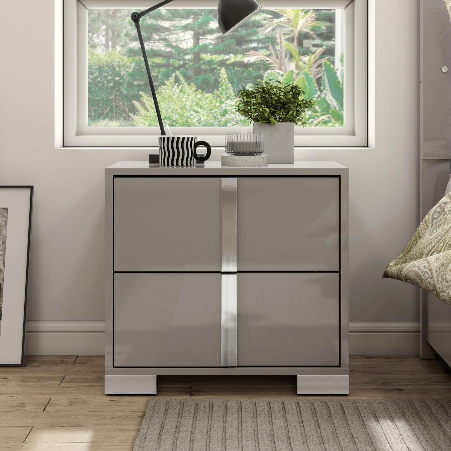 Furniture of America Alistair Modern Wood Nightstand with 2 Drawers and Vertical Chrome Handles, Large Bedside Table, Wooden Night Stand for Bedroom, Guest Room, Dorm, No Assembly Needed, Light Taupe