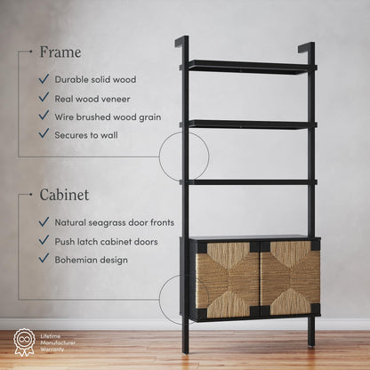 Nathan James Beacon 3-Shelf Bookcase with Seagrass Cabinet, Solid Wood Boho Bookshelf with Storage with Solid Wood Frame, Seagrass/Black