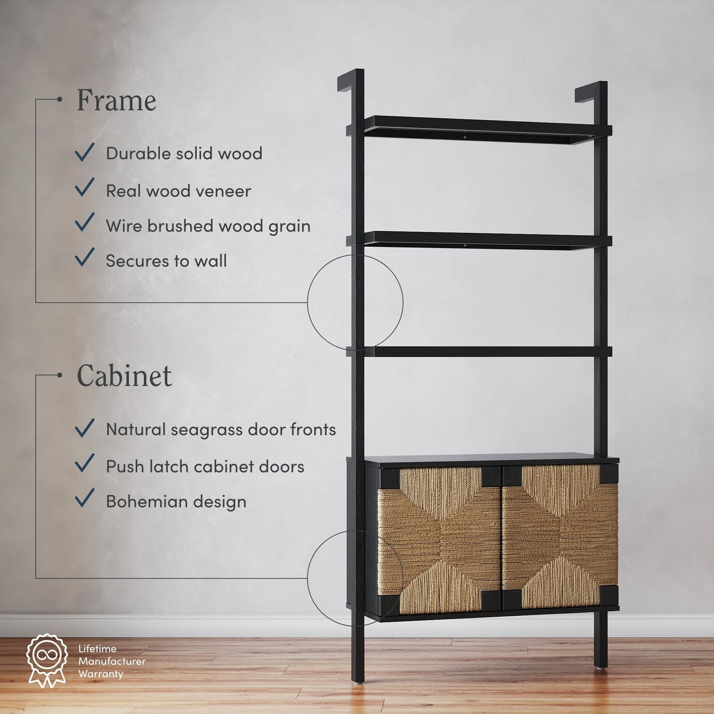 Nathan James Beacon 3-Shelf Bookcase with Seagrass Cabinet, Solid Wood Boho Bookshelf with Storage with Solid Wood Frame, Seagrass/Black, Set of 2