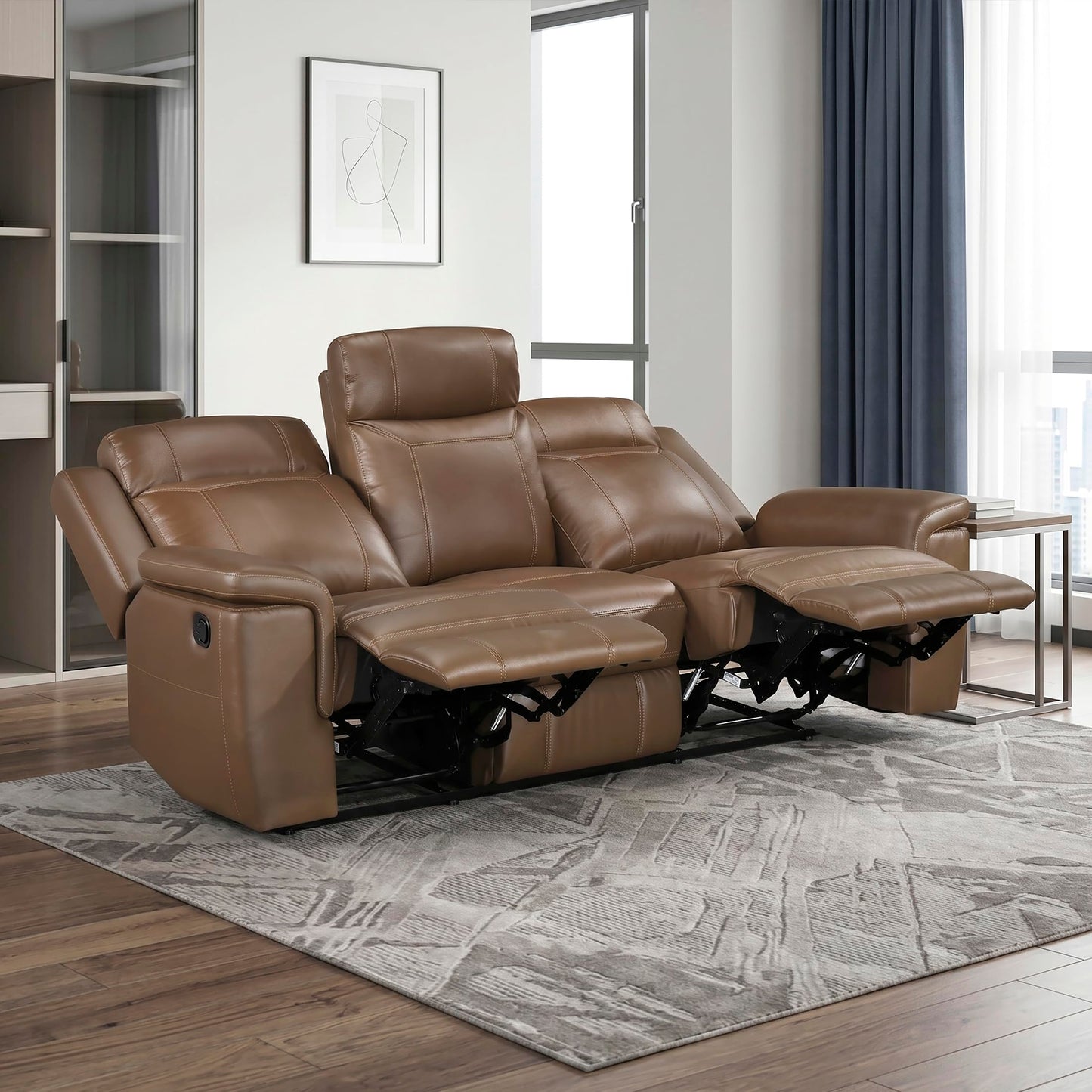 Lexicon Top Grain Leather Match Manual Reclining Sofa, Wall Hugger Reclining Sofa, Overstuffed Armrest, for Living Room/Theater Seating/Apartment, Easy Assembly, Camel