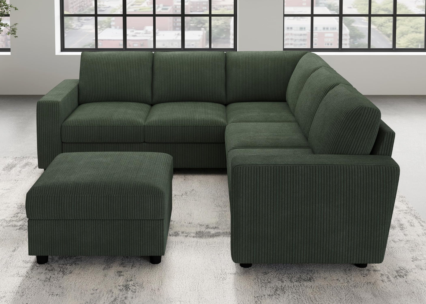 HONBAY Corduroy Sectional Sofa, 80 Inch 6 Seats L Shaped Couch with Ottoman for Living Room, Green