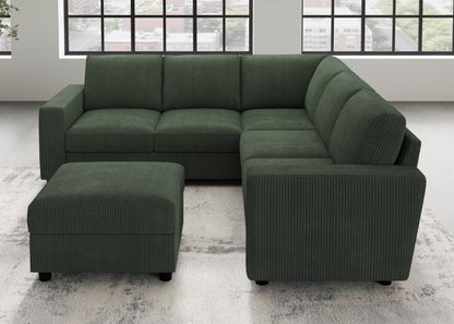 HONBAY Corduroy Sectional Sofa, 80 Inch 6 Seats L Shaped Couch with Ottoman for Living Room, Green