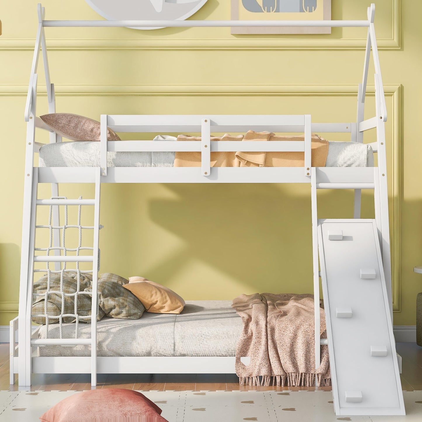 Bellemave Bunk Bed Twin Over Queen with Slides and Stairs, House Bunk Bed with Climbing Nets and Climbing Ramp for Kids, Teens, White