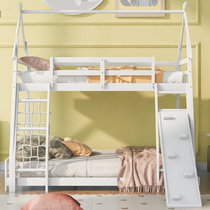Bellemave Bunk Bed Twin Over Queen with Slides and Stairs, House Bunk Bed with Climbing Nets and Climbing Ramp for Kids, Teens, White