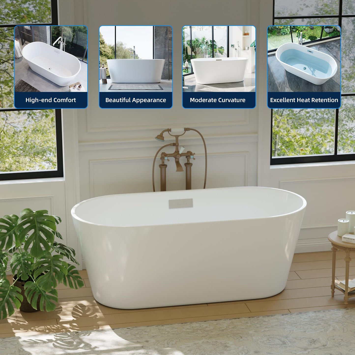 59" Free Standing Tub, Acrylic Soaking Bathtub, Stand Alone Freestanding Tub with Matte Sliver Drain and Overflow, Contemporary Bathtub for Bathroom, Burnish White