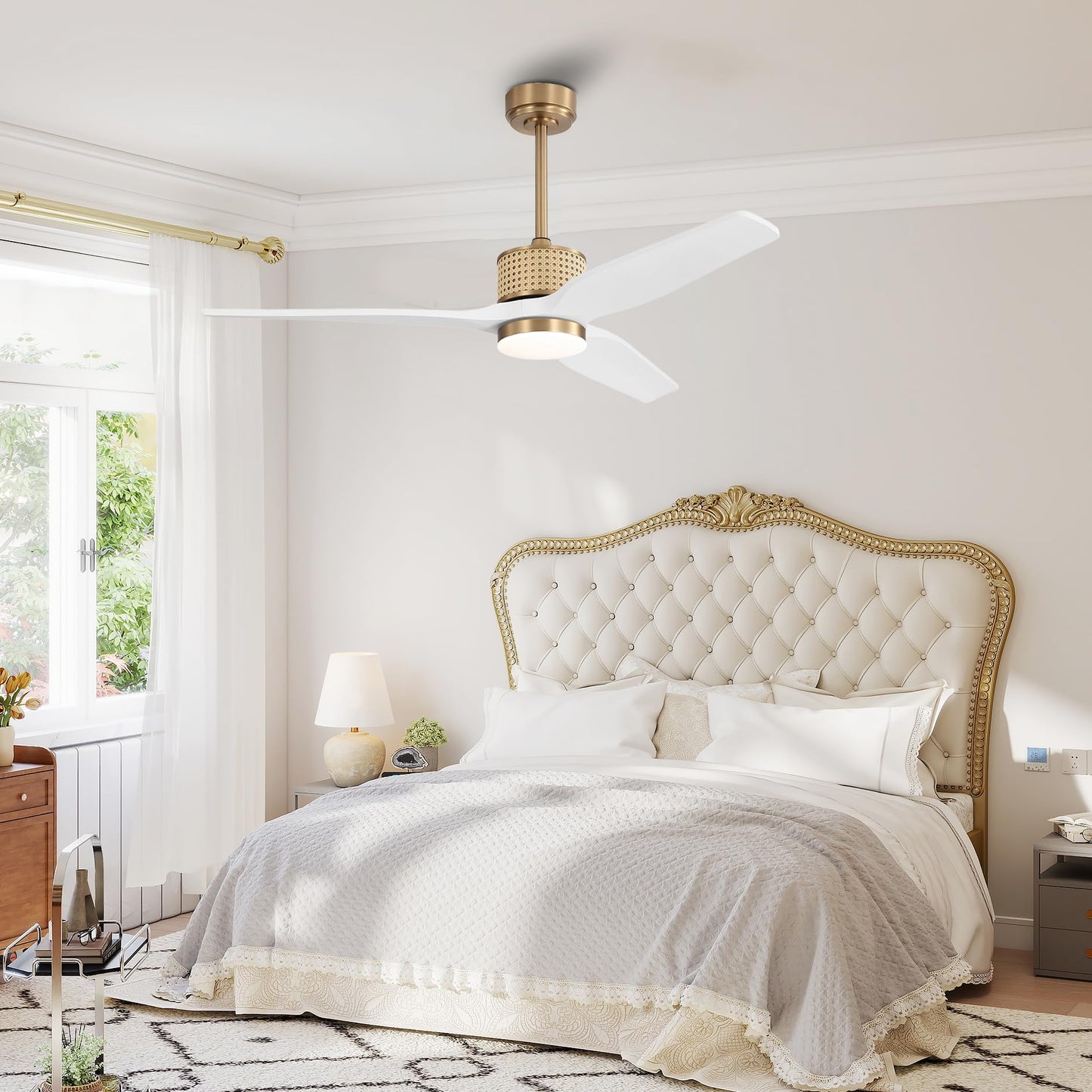 LEDLUX 52" Ceiling Fan with Light – Remote Control, Solid Wood, Quiet Reversible DC Motor, White/Gold Finish, Includes 4.5"/12" Downrods, Noiseless Ceiling Fan for Bedroom, Living Room, Porch