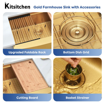 Kitsitchen Gold Farmhouse Kitchen Sink,16 Gauge 304S Stainless Steel Farm Sinks, 33"x20"x10" Large and Deep Apron Front Single Bowl Workstation Sinks with Accessories