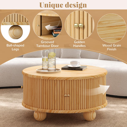 Merax Modern Round Fluted Coffee Table with Storage & Sliding Door – 31.8" Solid Pine Wood Center Table – Living Room Cocktail Table with Hidden Compartment, Natural