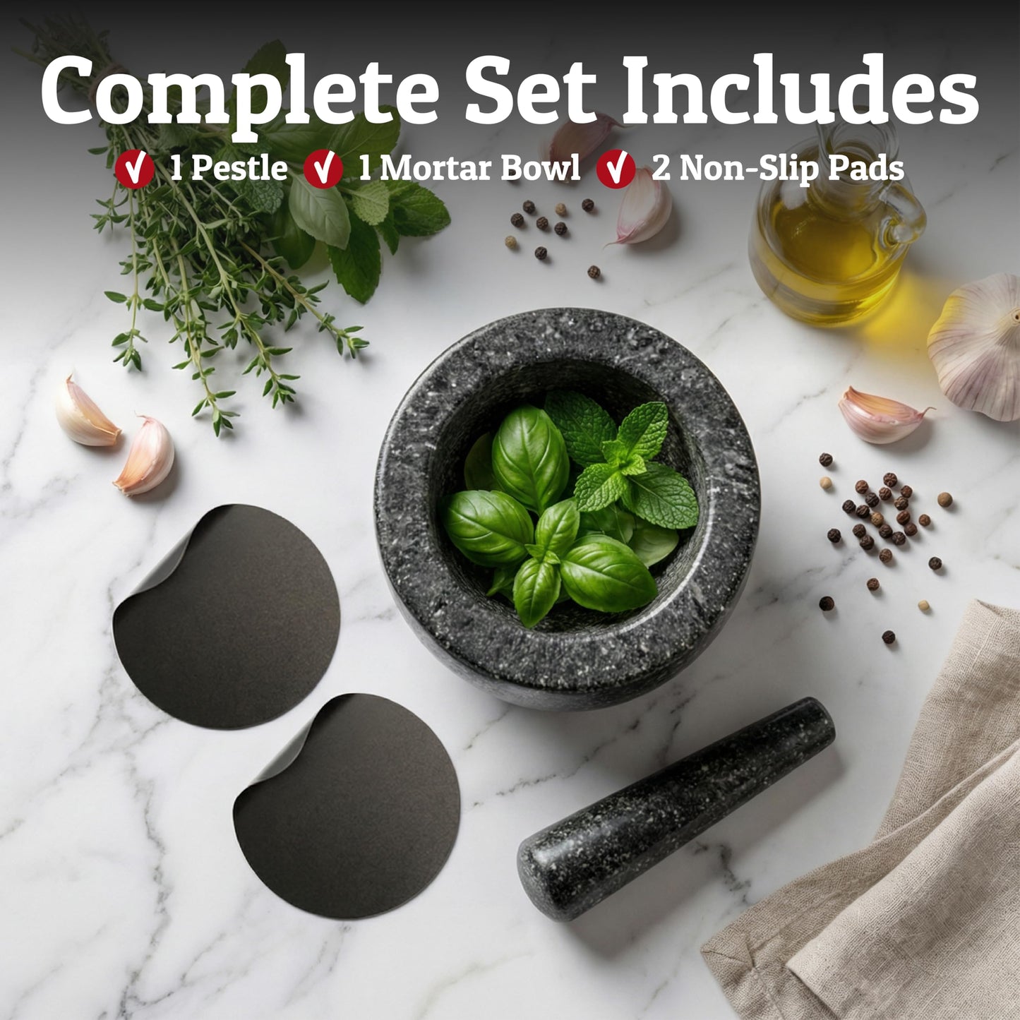 Priority Chef Heavy Duty Large 2 Cup Mortar and Pestle Set,100% Granite, Non Slip Base, Make Fresh Guacamole, Salsa, Pesto, Stone Grinder Bowl, Herb Crusher, Spice Grinder, 6.3 Inch Size, Black